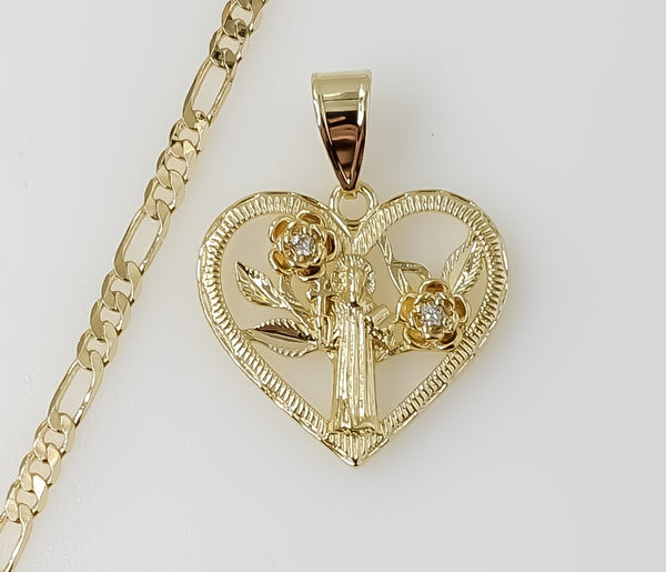 Plated Heart Saint Benedict 3mm Figaro Chain Necklace