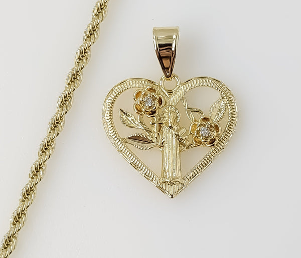 Plated Heart Saint Benedict 3mm Rope/Braided Chain Necklace