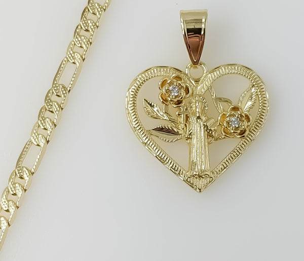 Plated Heart Saint Benedict 4mm 14K Diamond Cut Figaro Chain Necklace
