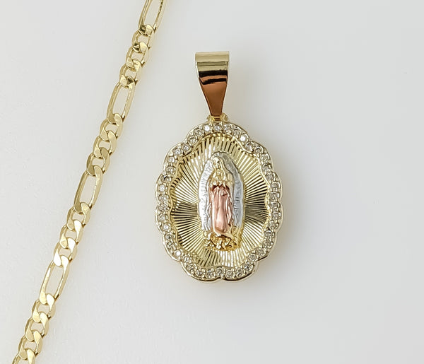 Plated Tri-Color Virgin Mary 3mm Figaro Chain Necklace
