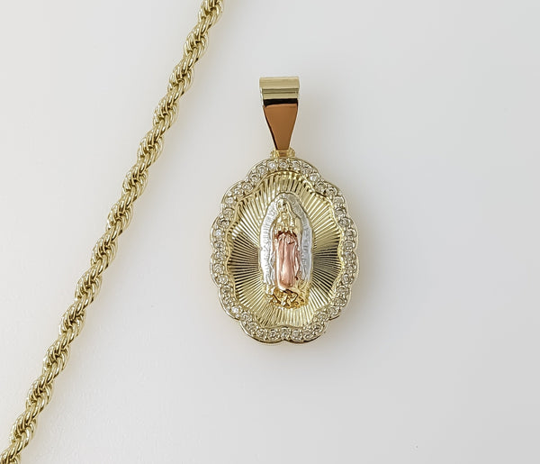 Plated Tri-Color Virgin Mary 3mm Rope/Braided Chain Necklace