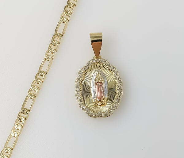 Plated Tri-Color Virgin Mary 4mm 14K Diamond Cut Figaro Chain Necklace