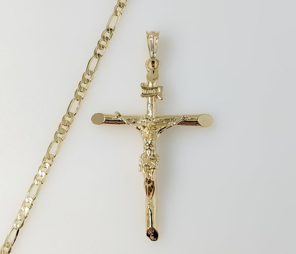 Plated Large Cross 4mm Figaro Chain Necklace