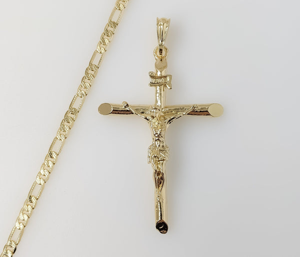 Plated Large Cross 4mm 14K Diamond Cut Figaro Chain Necklace