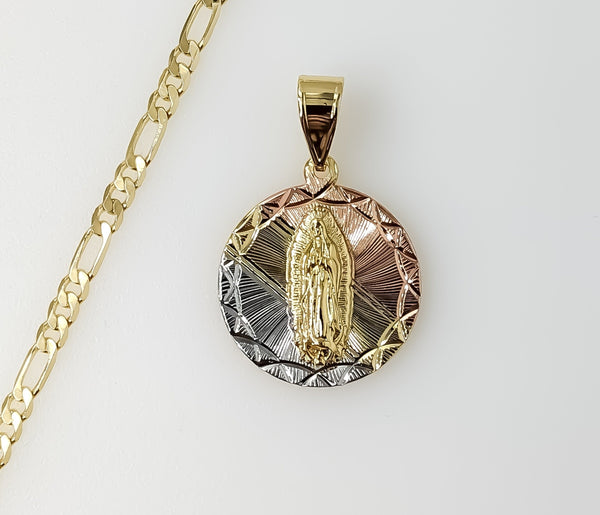 Plated Tri-Color Virgin Mary 3mm Figaro Chain Necklace