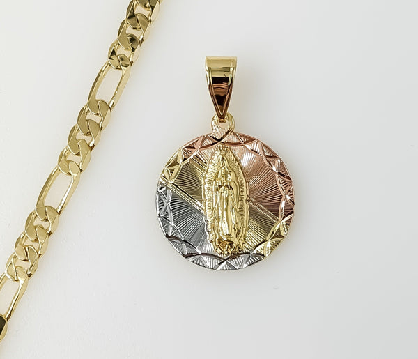 Plated Tri-Color Virgin Mary 5mm Figaro Chain Necklace