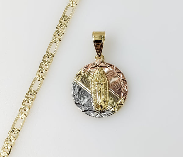 Plated Tri-Color Virgin Mary 4mm 14K Diamond Cut Figaro Chain Necklace