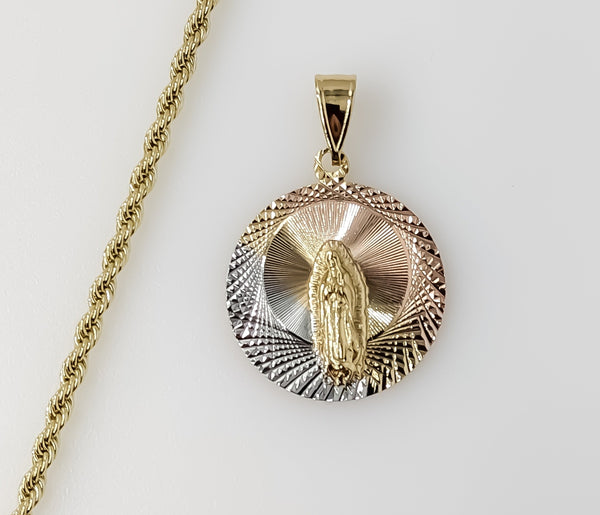 Plated Tri-Color Virgin Mary 3mm Rope/Braided Chain Necklace