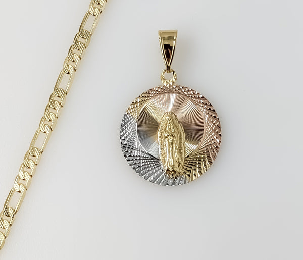 Plated Tri-Color Virgin Mary 4mm 14K Diamond Cut Figaro Chain Necklace
