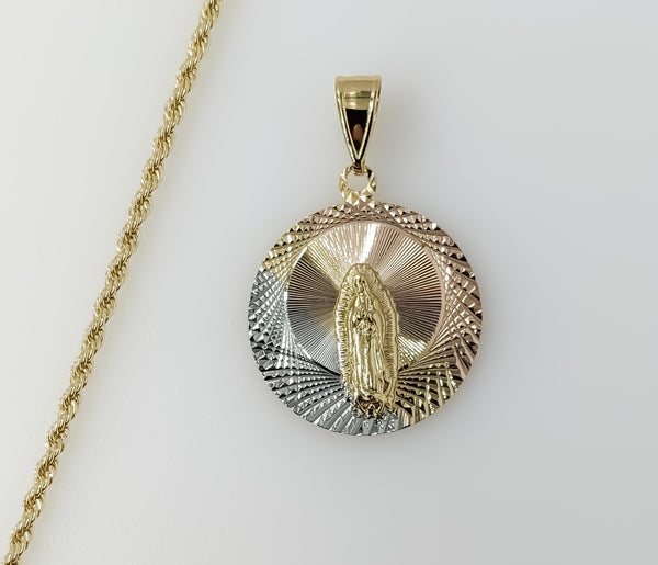 Plated Tri-Color Virgin Mary 2mm Rope/Braided Chain Necklace