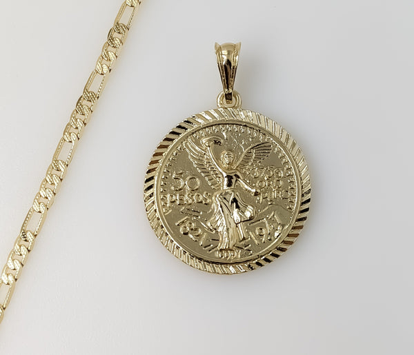 Plated Mexican Centenario 4mm 14K Diamond Cut Figaro Chain Necklace