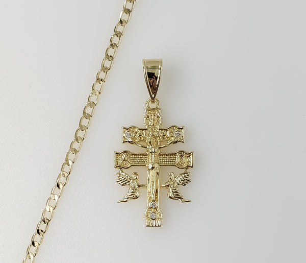 Plated Holy Cross of Caravaca 14K 3mm Cuban Chain Necklace