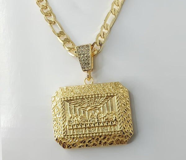 Plated Large The Last Supper 7mm 14K Diamond Cut Figaro Chain Necklace