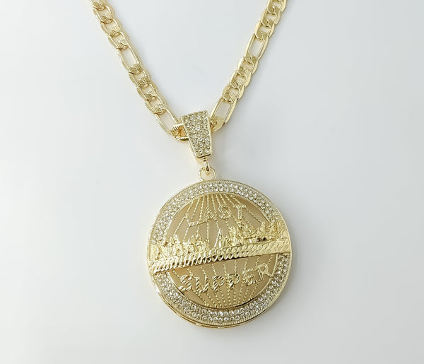 Plated Large The Last Supper 7mm 14K Diamond Cut Figaro Chain Necklace