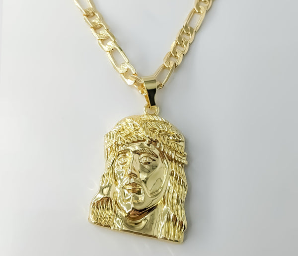 Plated Jesus 7mm 14K Diamond Cut Figaro Chain Necklace