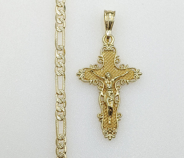 Plated Cross 4mm 14K Diamond Cut Figaro Chain Necklace