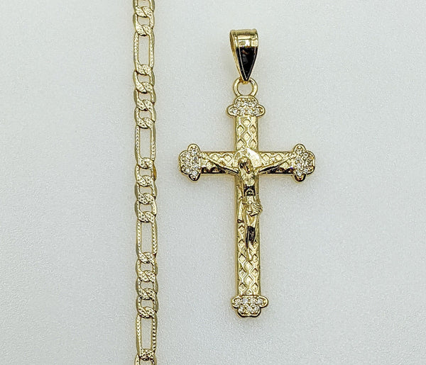 Plated Cross 4mm 14K Diamond Figaro Chain Necklace