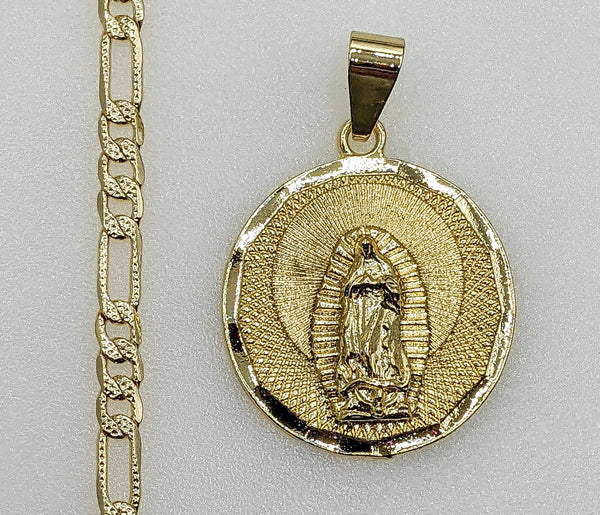 Plated Virgin Mary 4mm 14K Diamond Figaro Chain Necklace