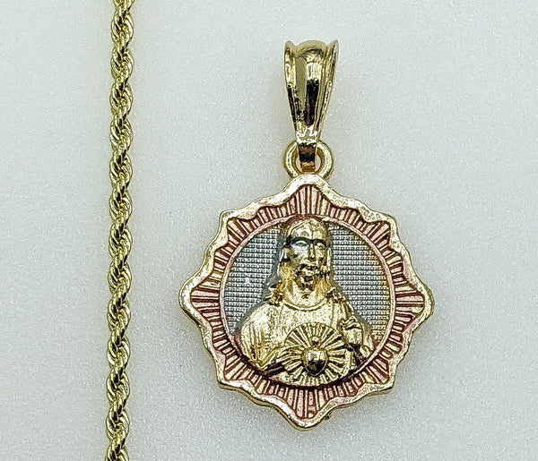 Plated Tri-Color Sacred Heart of Jesus 2mm Rope/Braided Chain Necklace
