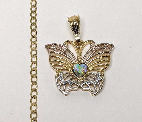 Plated Tri-Color Butterfly 3mm Cuban Chain Necklace