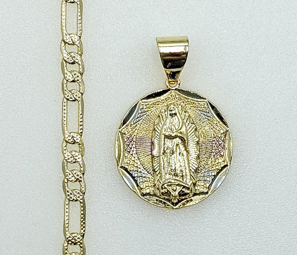 Plated Tri-Color Virgin Mary 4mm 14K Diamond Cut Figaro Chain Necklace