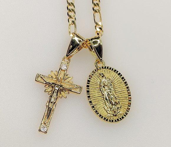 Virgin Mary Cross Double Pendants Charms 3mm Figaro Plated Necklace