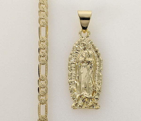 Plated Virgin Mary 4mm 14K Diamond Cut Figaro Chain Necklace