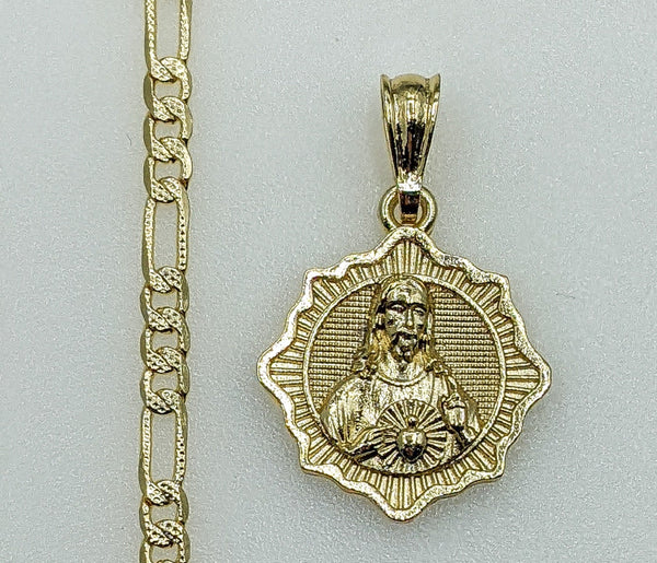 Plated Sacred Heart of Jesus 4mm 14K Diamond Cut Figaro Chain Necklace