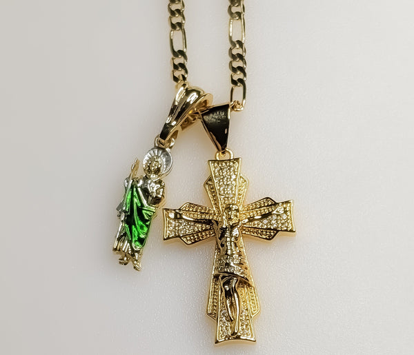 Cross Saint Jude Double Pendants Charms 3mm Figaro Plated Necklace
