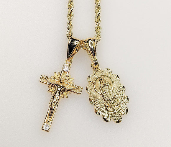 Virgin Mary Cross Double Pendants Charms 3mm Rope/Braided Plated Necklace