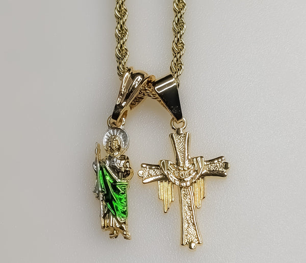 Cross Saint Jude Double Pendants Charms 3mm Rope/Braided Plated Necklace