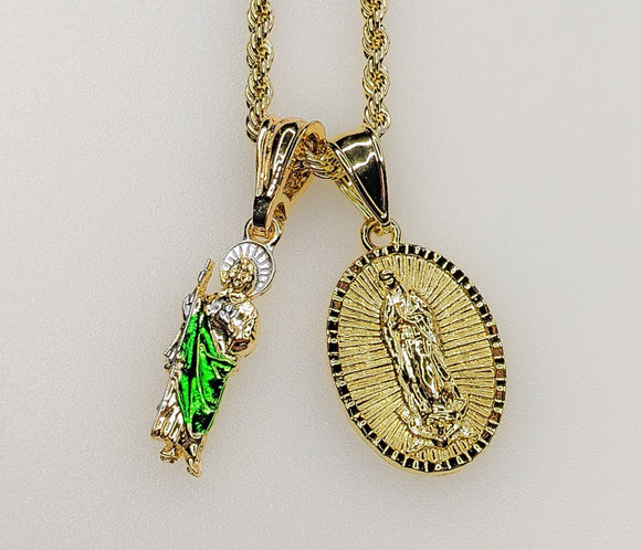 Virgin Mary Saint Jude Double Pendants Charms 3mm Rope/Braided Plated Necklace