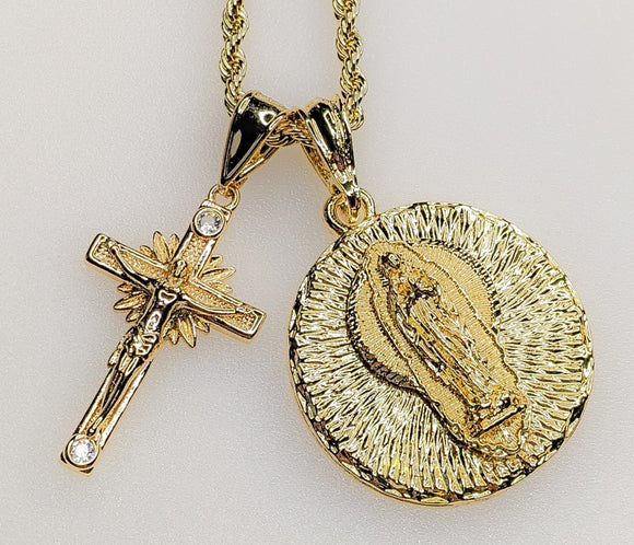 Virgin Mary Cross Double Pendants Charms 3mm Rope/Braided Plated Necklace