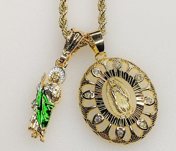 Virgin Mary Saint Jude Double Pendants Charms 3mm Rope/Braided Plated Necklace