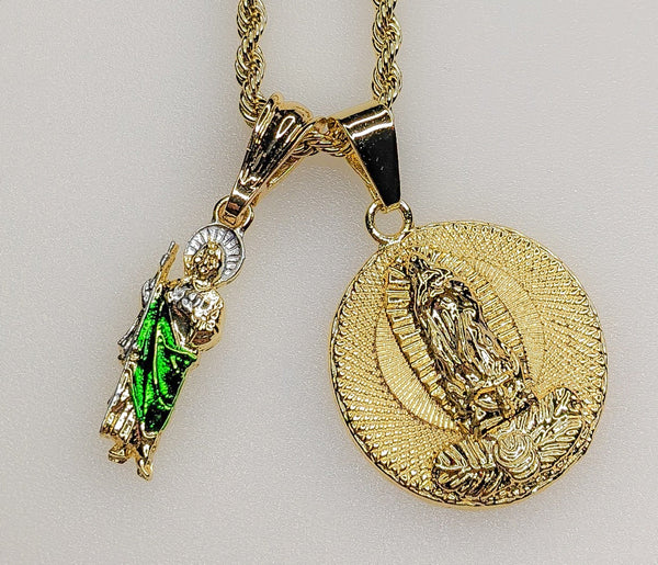 Virgin Mary Saint Jude Double Pendants Charms 3mm Rope/Braided Plated Necklace