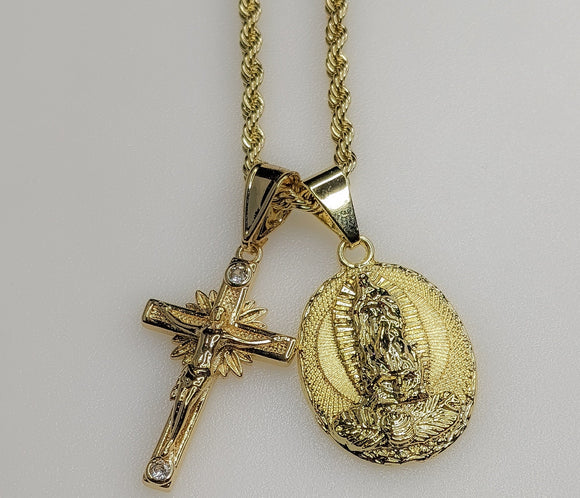 Virgin Mary Cross Double Pendants Charms 3mm Rope/Braided Plated Necklace