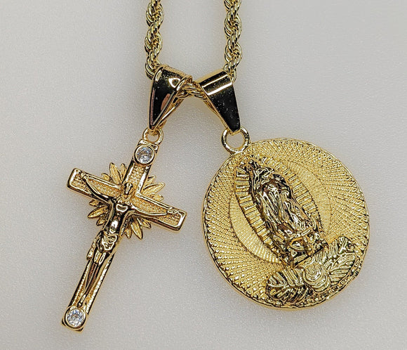 Virgin Mary Cross Double Pendants Charms 3mm Rope/Braided Plated Necklace