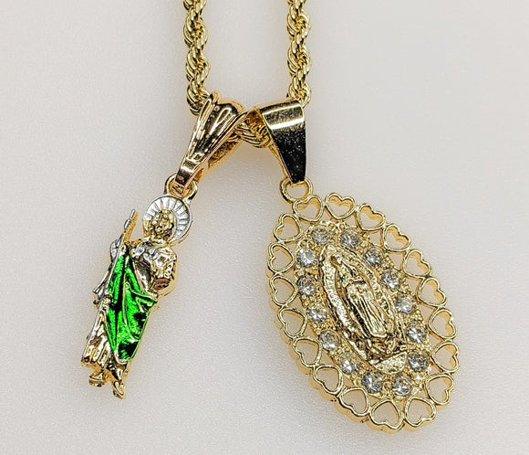 Virgin Mary Saint Jude Double Pendants Charms 3mm Rope/Braided Plated Necklace