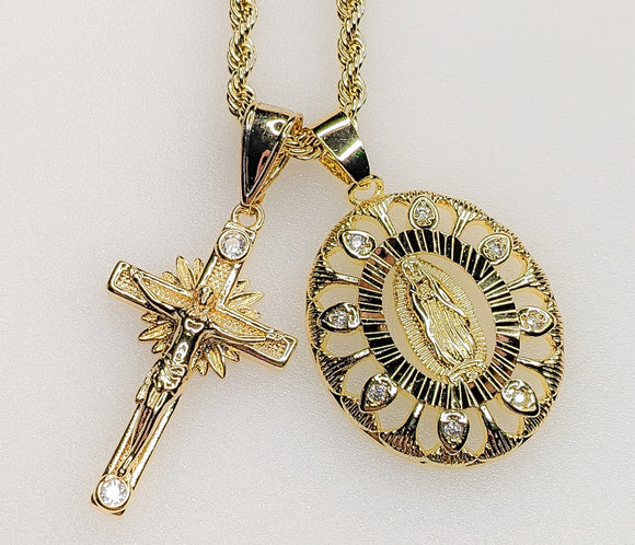 Virgin Mary Cross Double Pendants Charms 3mm Rope/Braided Plated Necklace