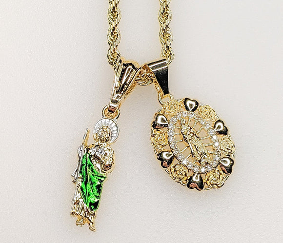 Virgin Mary Saint Jude Double Pendants Charms 3mm Rope/Braided Plated Necklace