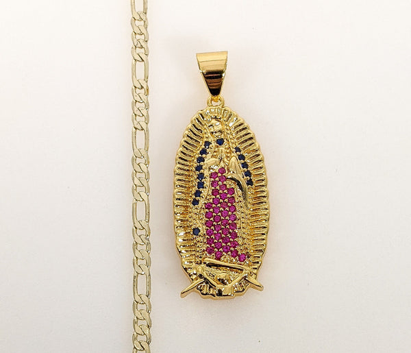 Plated Virgin Mary 3mm Figaro Chain Necklace