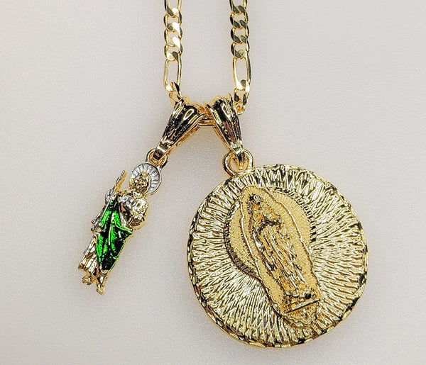 Virgin Mary Saint Jude Double Pendants Charms 3mm Figaro Plated Necklace