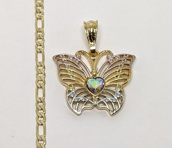 Plated Tri-Color Butterfly 3mm Figaro Chain Necklace