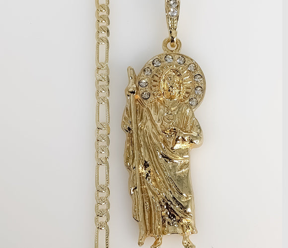 Plated Large Saint Jude 4mm 14K Diamond Cut Figaro Chain Necklace