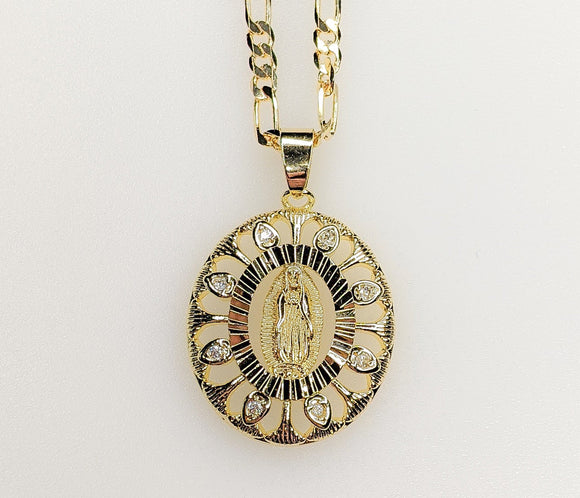 Plated Virgin Mary 3mm Figaro Chain Necklace