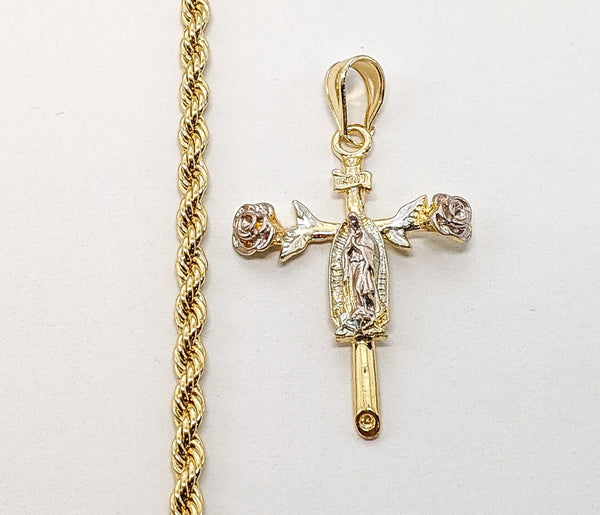 Plated Tri-Color Virgin Mary 4mm Rope/Braided Chain Necklace