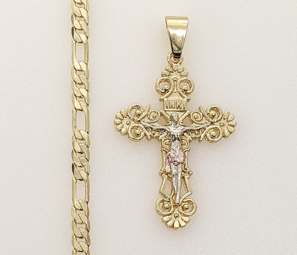 Plated Tri-Color Cross 4mm Figaro Chain Necklace