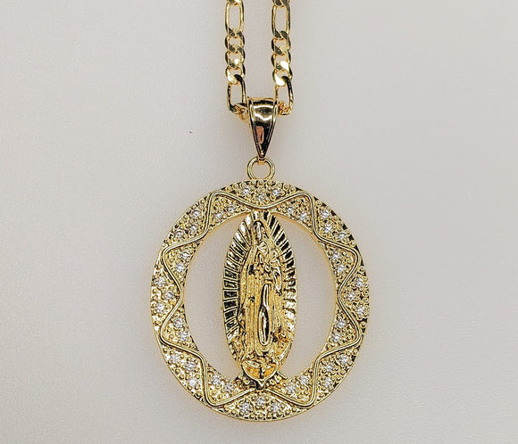 Plated Virgin Mary 3mm Figaro Chain Necklace