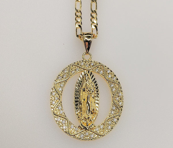 Plated Virgin Mary 3mm Figaro Chain Necklace
