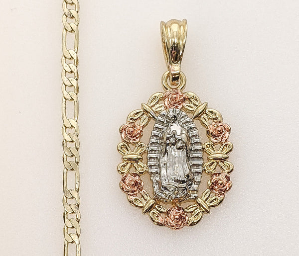 Plated Tri-Color Virgin Mary 3mm Figaro Chain Necklace